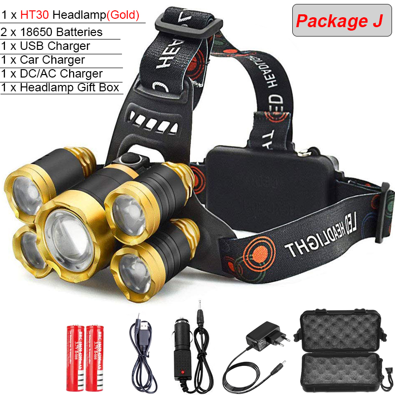 8000 Lumens 5 Led Headlamp XML T6 Head Lamp Powerful Led Headlight, with 18650 battery Flashlight Head Lights for Hiking: Package J