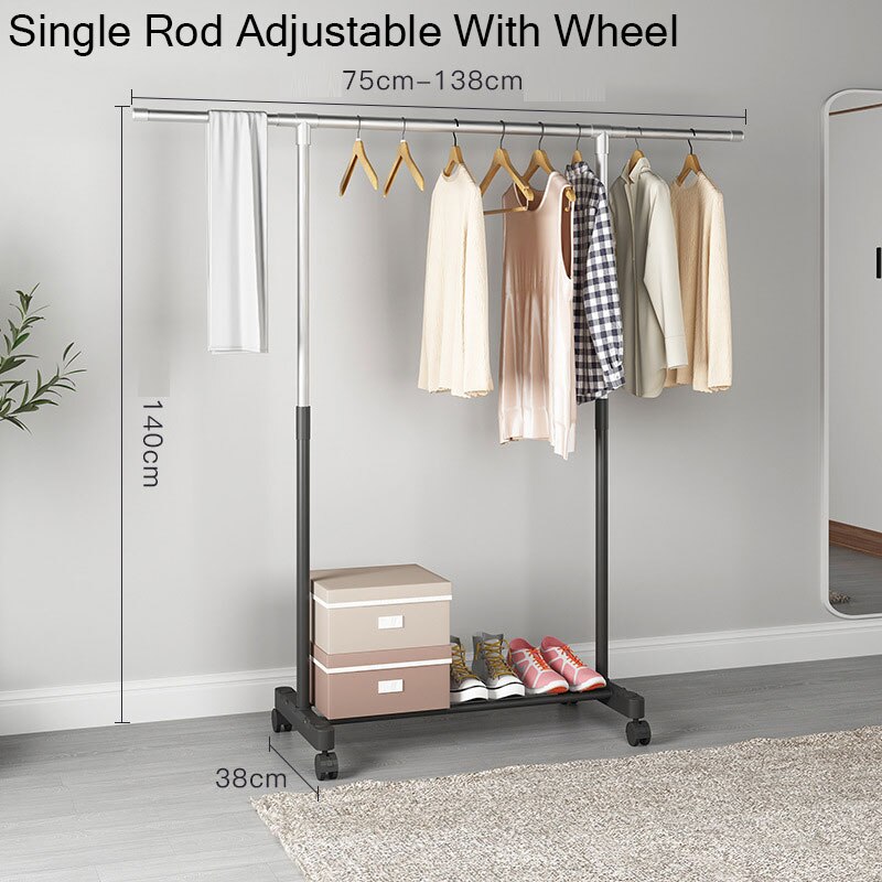 Adjustable Rolling Coat Rack Double Rod Clothes Rack Stainless Steel Hanger Floor Storage Organizer Clothing Wall Coat Racks