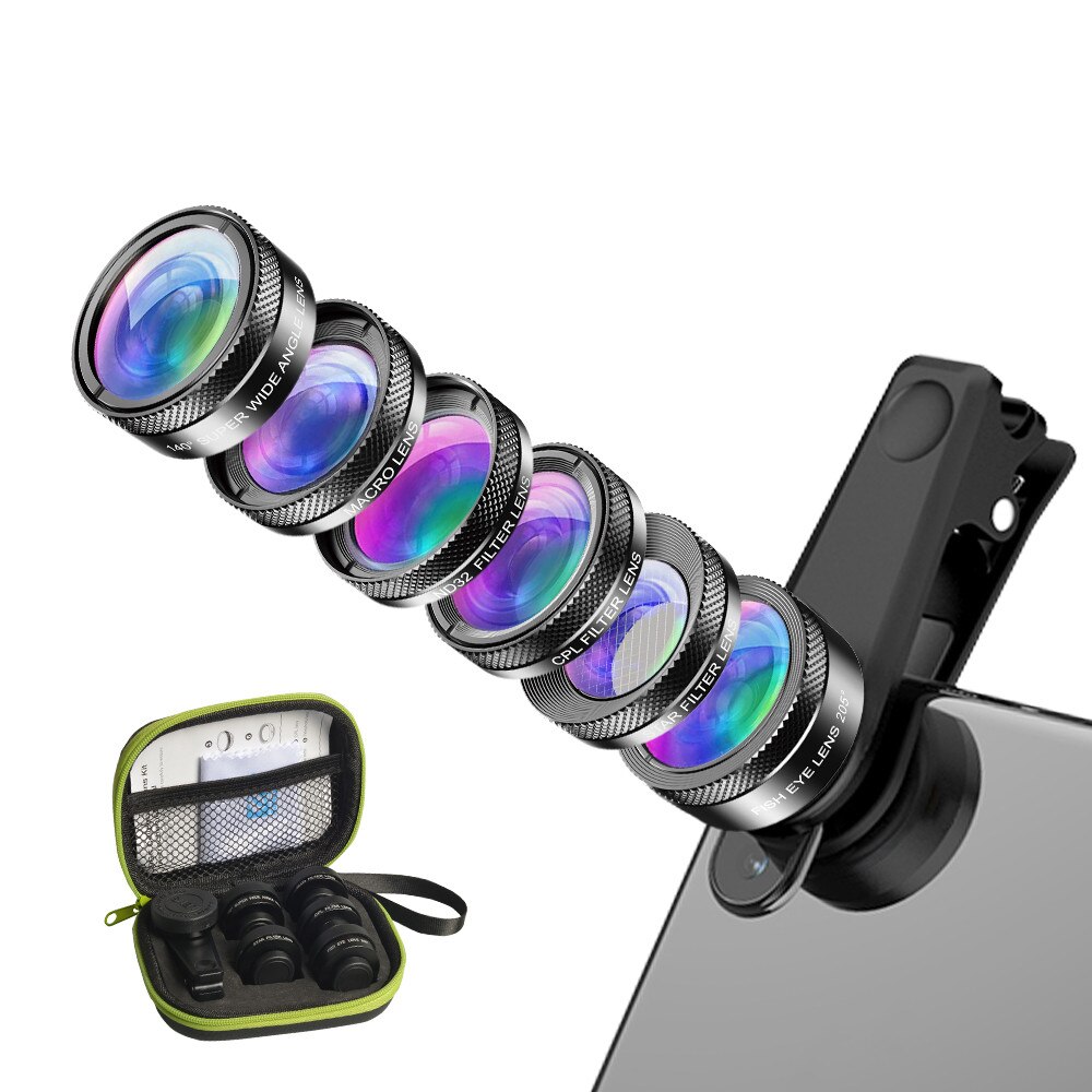 Apexel Universele 6 In 1 Telefoon Camera Lens Kit Fish Eye Lens Groothoek Macro Lens Cpl/StarND32 Filter voor Bijna Alle Smartphones
