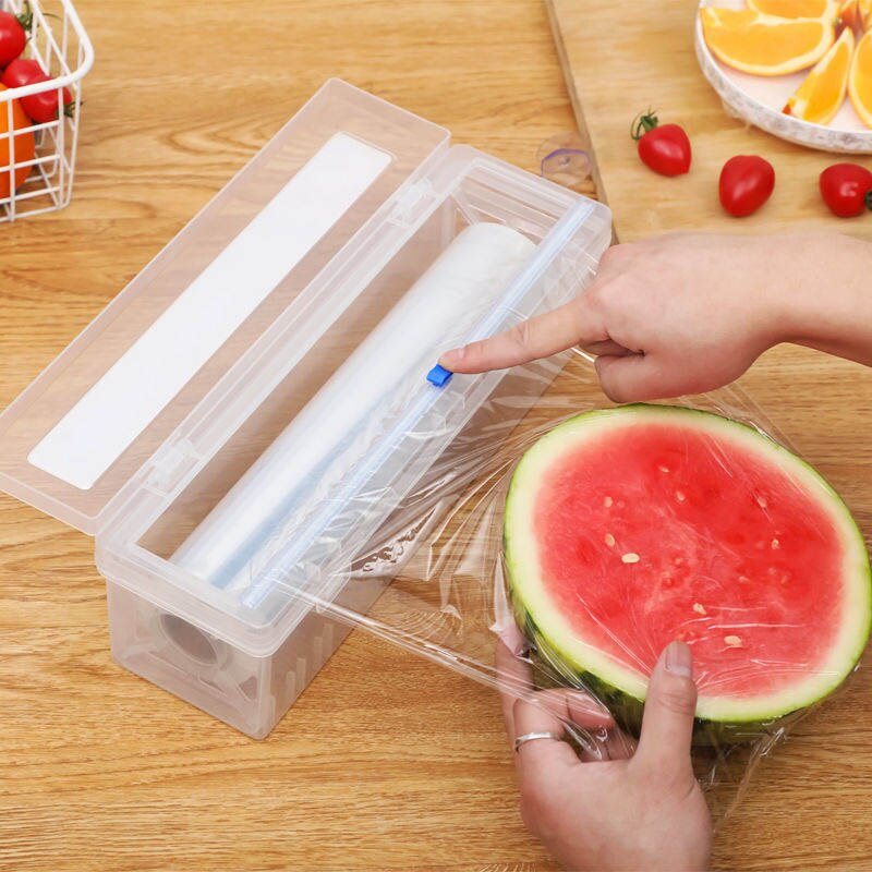 Film transparente de golpe libre fijación de comida dispensador envoltura de papel Film transparente de cortador de plástico soporte de almacenamiento de cocina herramienta: 27.8x9x11.8cm