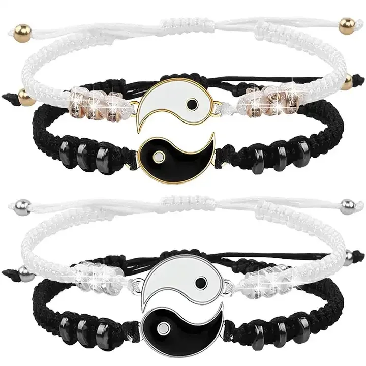 Conjunto de jóias tai chi casal pulseira preto branco corda ajustável conjunto corrente estilo simples uso diário amizade jóias presente