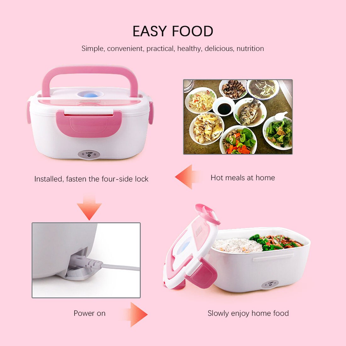 Portable 12/24V/110/220V Dual Use Home Truck Car Electric Heating Lunch Box Rice Food Warmer Container for Travel School Office
