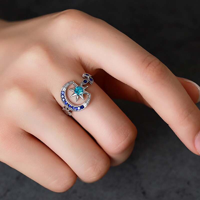 Colorful Moon Star Wedding Rings for Women Adjustable Open Finger Rings Engagement Jewelry Girl
