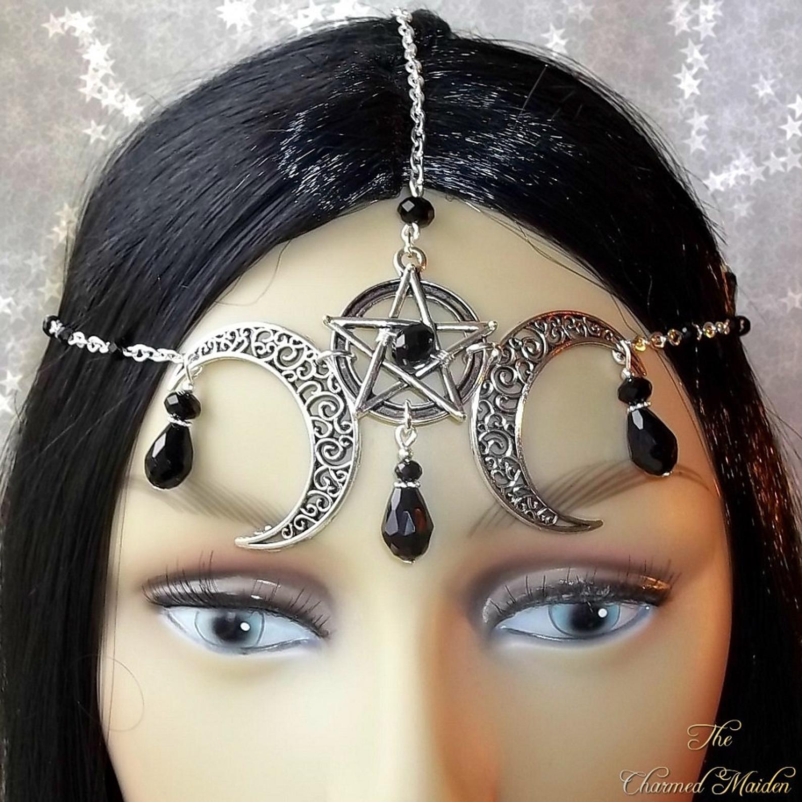 WiccMoon Circlet, Pagan Headdress Wiccan Head Chain Moon &amp; Triskele Headpiece Gothic Head Chain