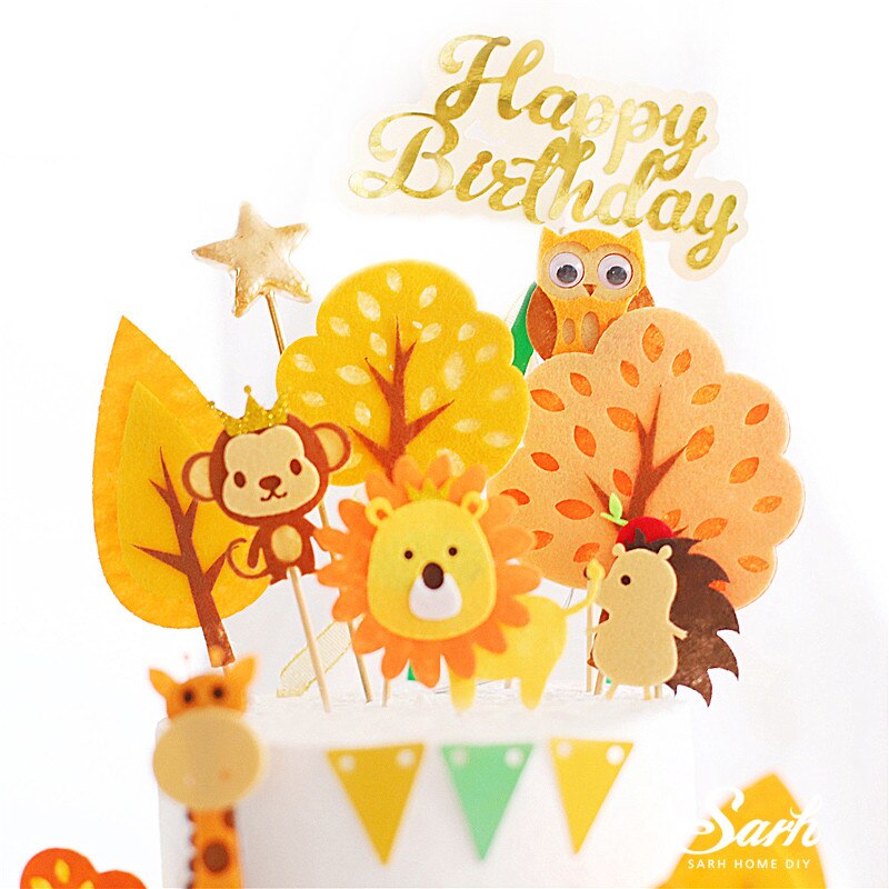 Voelde Dieren Aap Leeuw Giraffe Uil Cake Topper Voor Verjaardagsfeestje Decoraties Bakken Levert Baby Shower Kid Liefde