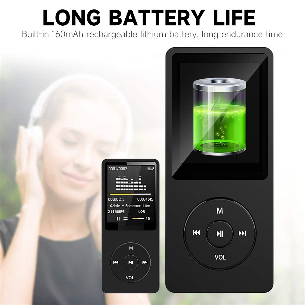 Tragbarer  mp3- player-player mit 1.8- zoll-tft-bildschirm, integriertem mikrofon, lithium-akku, tf-kartenunterstützung, fm-radio und sprachaufzeichnung