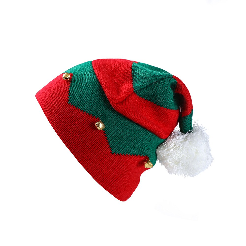 Toddler børn jul strikket alf hat med små klokker kontrastfarve bølget striber hæklet pompon santa cap festartikler: Default Title