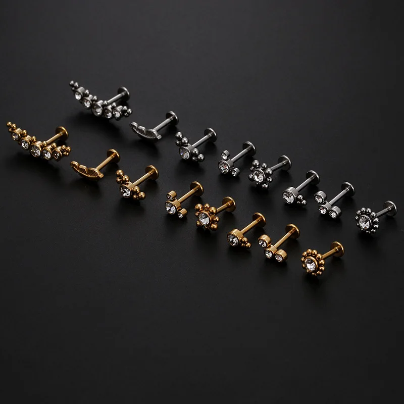 16G Roestvrijstalen Labret Lip Bar Ring Kubisch Zirkoon Oor Kraakbeen Tragus Helix Piercing Schroef Fit Top Oor Neusringen