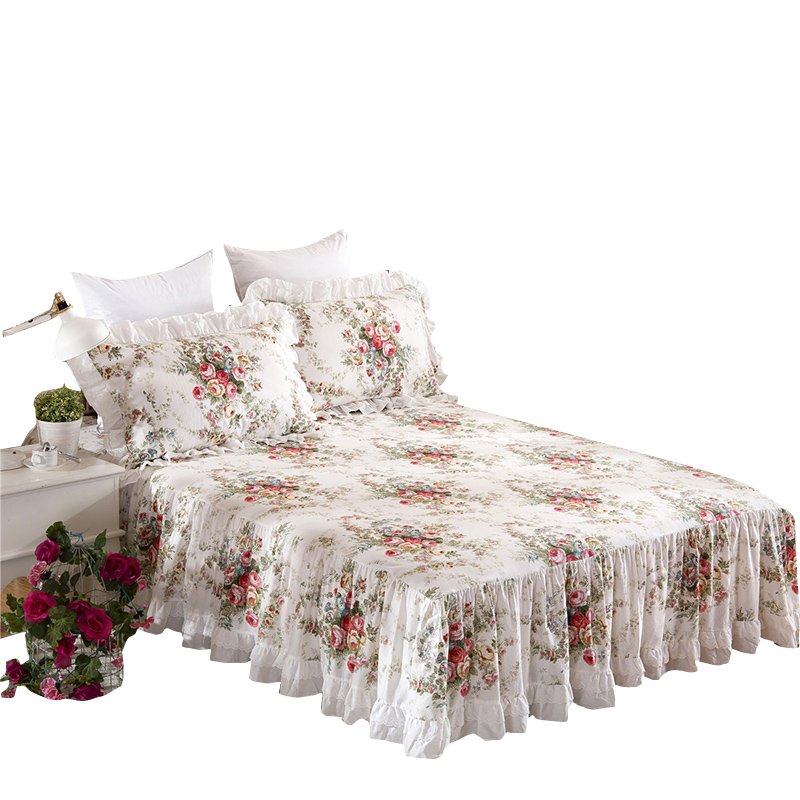 Colcha con estampado Floral para el hogar, cubierta de colchón con volantes, Sábana de algodón satinado de falda de cama de princesa, ropa de cama para el hogar