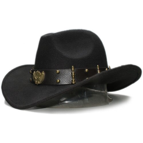 Volwassen wollen fedora's hoeden met leren riem herfst en winter mannen en vrouwen wollen cowboyhoeden grote bolhoed met rand een -152: Zwart / Kinderen 54cm