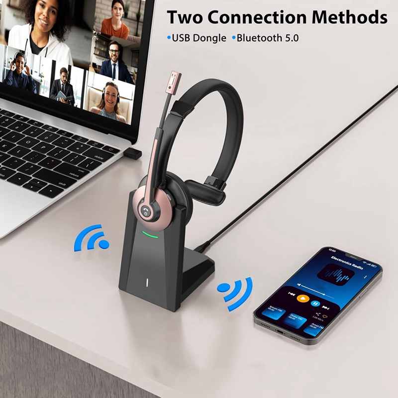Auricolare wireless, auricolare Bluetooth con microfono con cancellazione del rumore, auricolare wireless con dongle USB per l'home office
