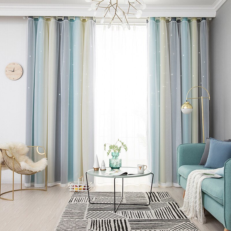 Double Layer Blackout Curtains Star Cutout For Living Room Home Decor White Sheer Window Curtain Panels For Babys Bedroom