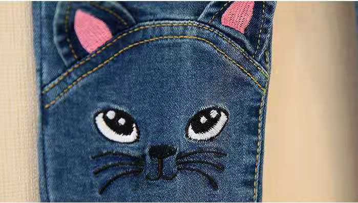 Forår og efterår vinter piger jeans bomuld tegneserie kat broderede bukser