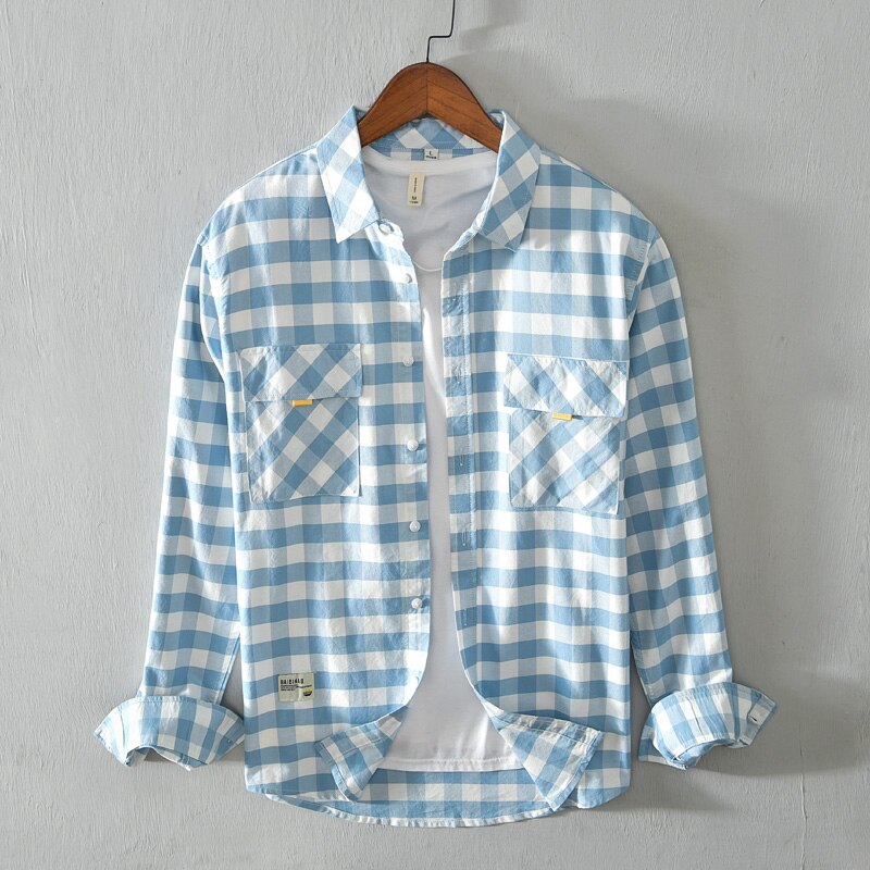 Rosa Kariertes Hemd Männer drehen-unten Kragen 100% Baumwolle Jahrgang Langarm lässig Hemden Herbst Neue Mann Kleidung Y3138: Blau / XXL