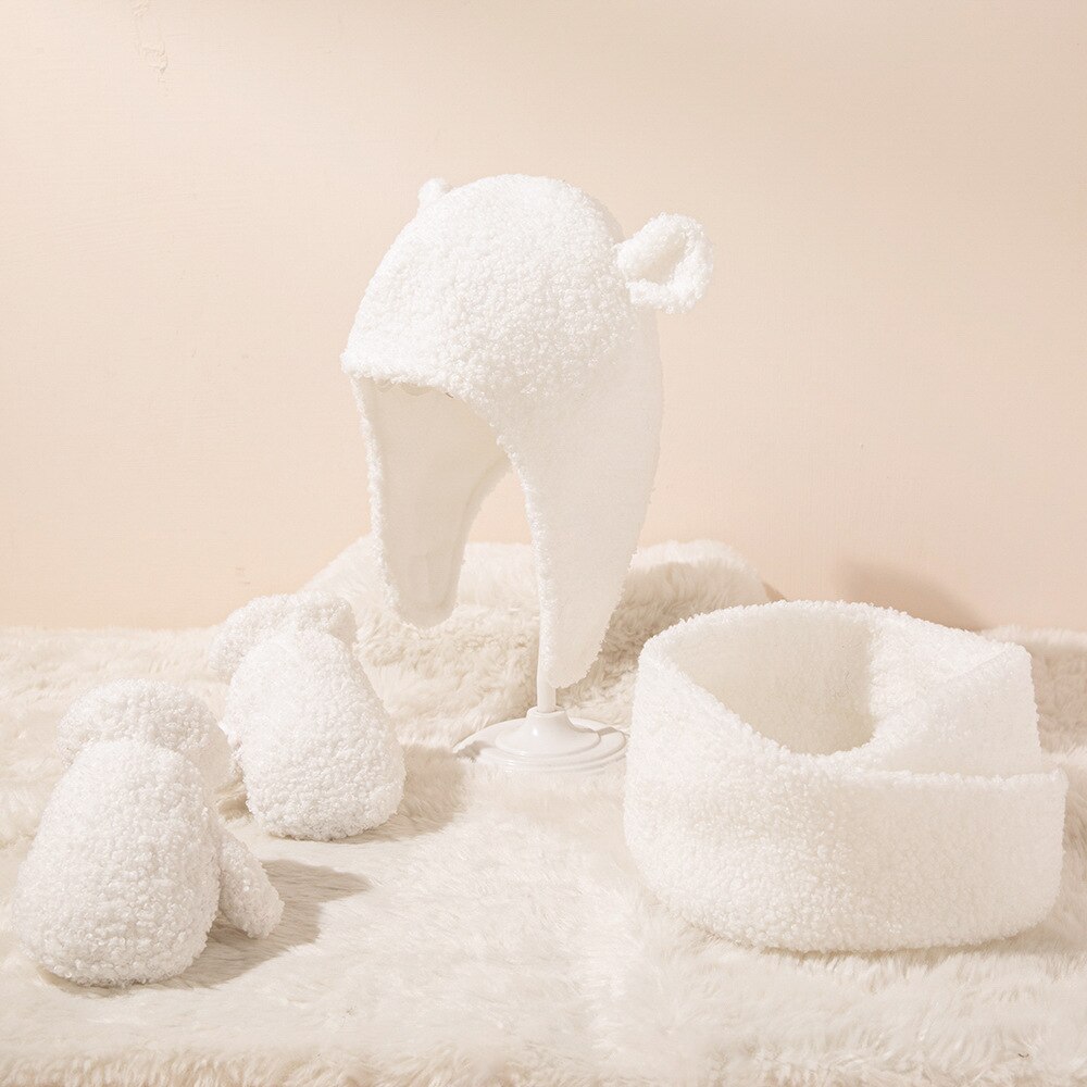 Kids Winter Warm Set Muts Sjaal Handschoenen 4 Stks/set Unisex Kind Teddy Kasjmier Fleece Motorkap Leuke Cap En Tonale sjaal Handschoenen