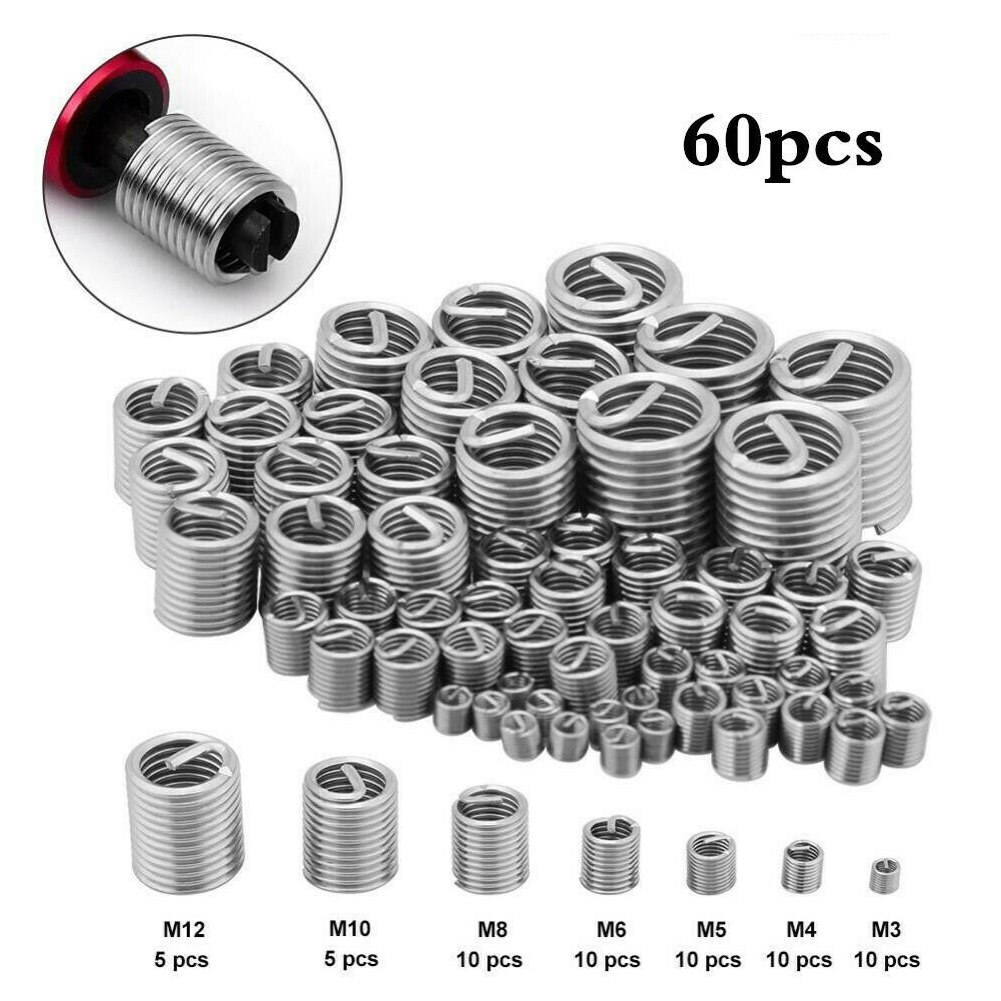 60pcs Easy Install Spiral Wire Screw Sleeve Thread Insert Set Stainless Steel Fastening Sheath High Strength Useful Repair Tool