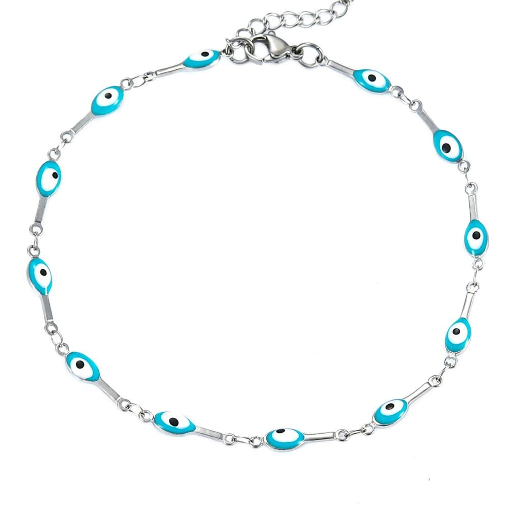 Pulsera de tobillo de acero inoxidable con cuentas de esmalte de 4MM, superposición de oro con Mini pulsera ajustable de estilo de ojo malvado de colores con extensor: Blue / 17.5cm Bracelet