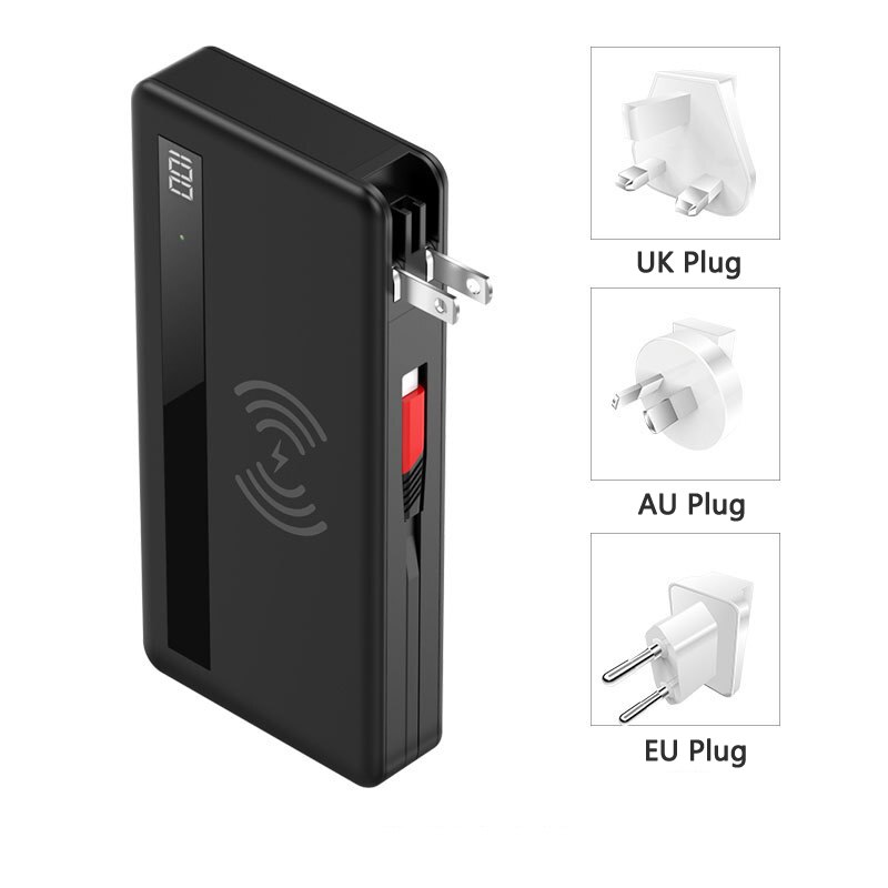 4 in 1 20000mAh Power Bank Wireless Charging Powerbank Built in Cable Portable Charger for Samsung iPhone 12 Poverbank with Plug: All Plug Black