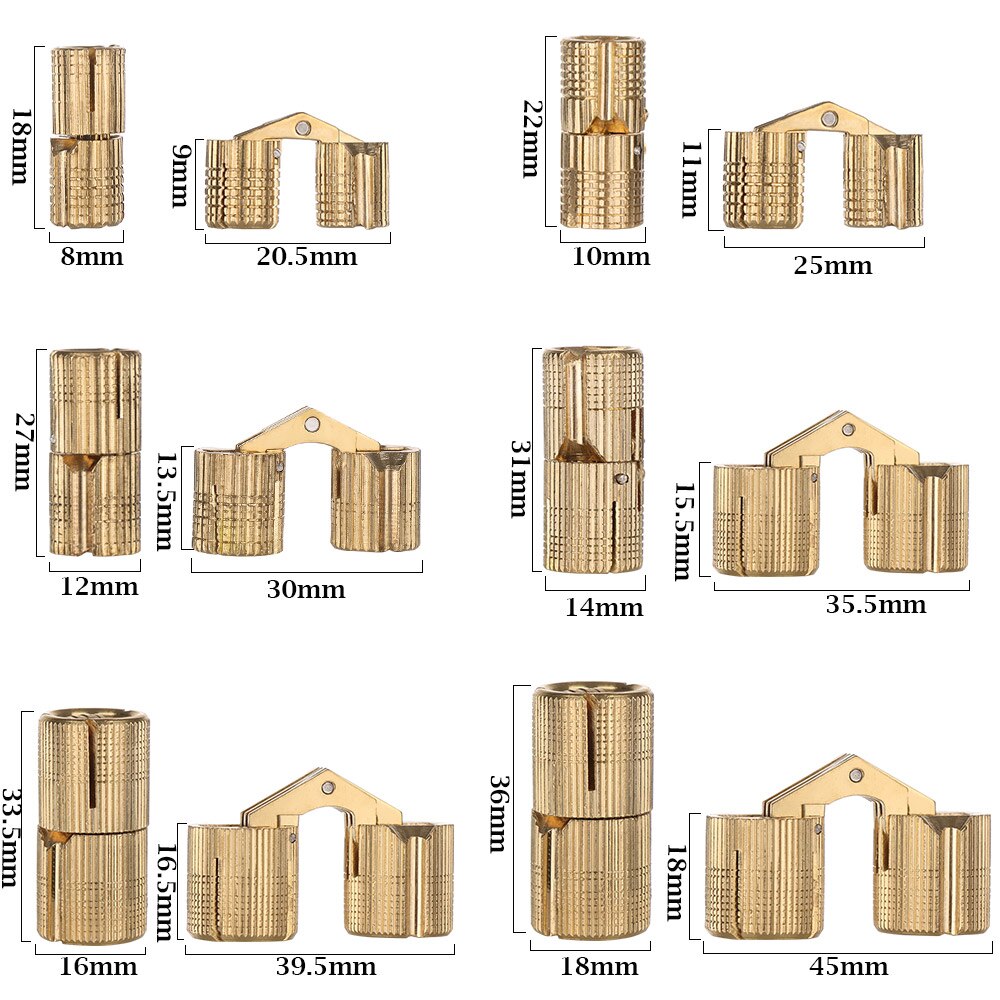 Copper Brass Furniture Hinges 8-18mm Cylindrical Hidden Cabinet Concealed Invisible Door Hinges For Hardware Box