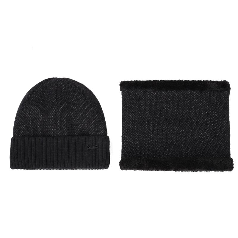 Men Hats Scarf Set Winter Warm 2 Piece Set Male/Female Velvet Skullcap Cotton Beanie Ring Bib XHBOY Outdoor Ski Hedging Cap: Black