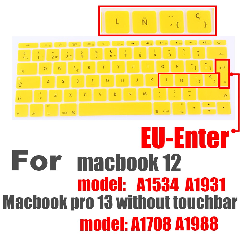 Hiszpański Laptop kolor silikonowa klawiatura pokrywa dla macbook pro13 A1708 A1988 12 &quot;retina A1534 A1931 folia ochronna klawiatura przypadku: EU Spanish yellow