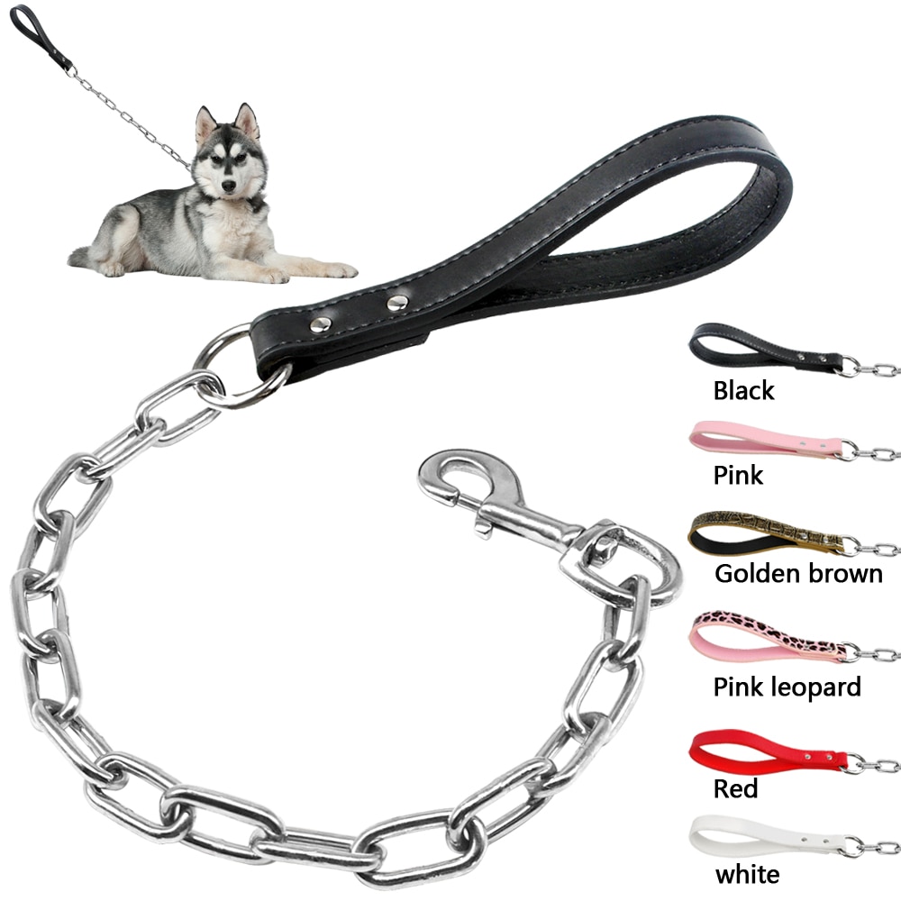 Træning hundesnor i sølv krom kæde fører kort hundetrafiksnor med læderhåndtag til mellemstore hunde pitbull