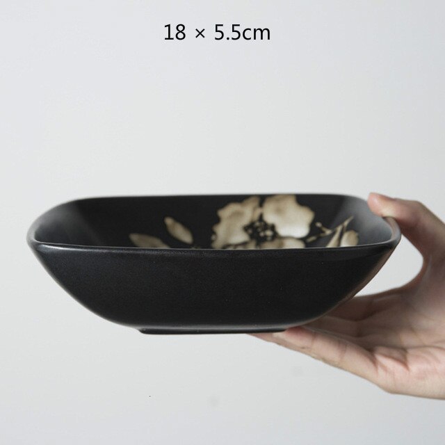 Ceramic Breakfast Plates Food Dish Dinnerware Black Hibiscus Flower Mug Dessert Fruit Snack Plate Cutlery Bowl Flatware: 3