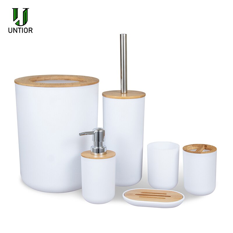 Untior 6 stk badeværelse tilbehørssæt bambus badeværelse kit tandbørsteholder sæbedispenser toiletbørste skraldespand badeværelse sæt