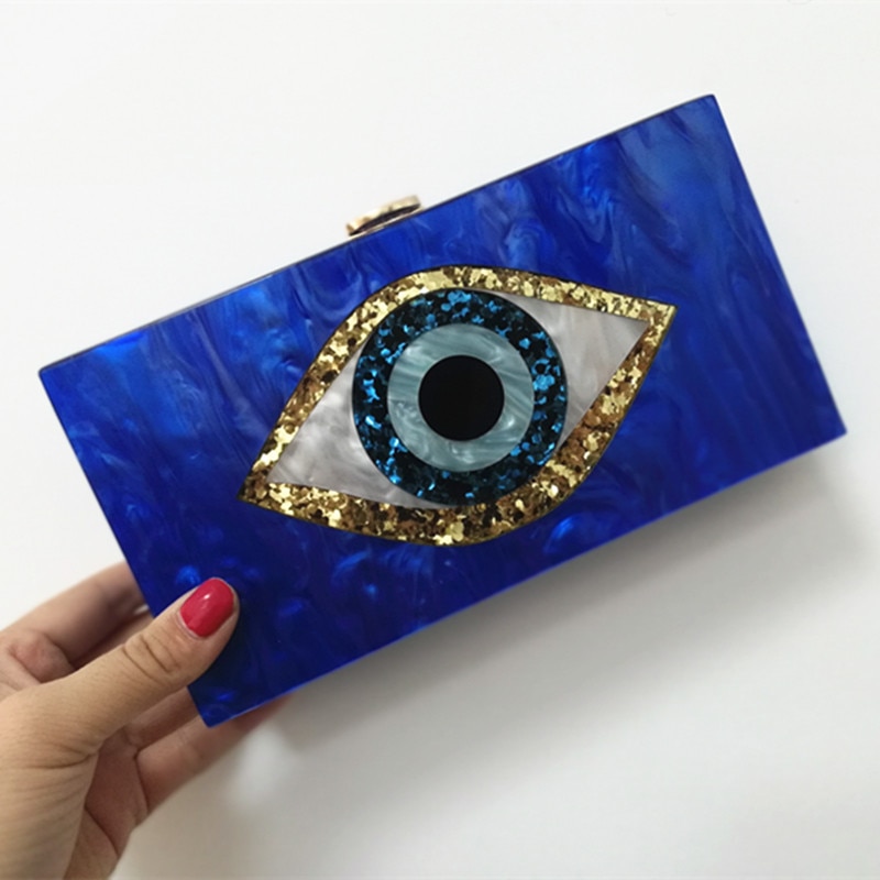 Perleblå farverig onde øjne boks clutches kvinder skulderklap tegneserie akryl pung pung rejsemærke fest gilr tasker håndtasker