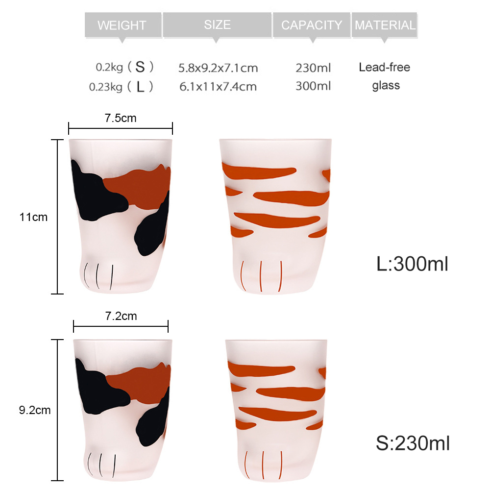 230/300ML Cat Claw Cup Milk Glass Frosted Glass Cups Cute Cats Foot Claw Print Mug Cat Paw for Breakfast Coffee Kids Milk Bottle
