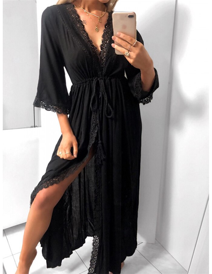 Lång dräkt dam strand kofta klänning mjuk sexig ihålig spets knyta midja slim fit casual lös sommarklänning maxi kvinnlig: Svart / S