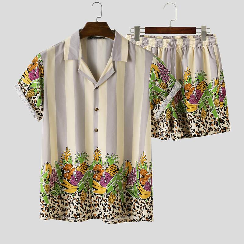 INCERUN, conjuntos Hawaianos para hombres, Impresión de playa, verano , camisa de solapa de manga corta, pantalones cortos, 2 piezas, ropa de calle, conjuntos para hombre: 5 XL