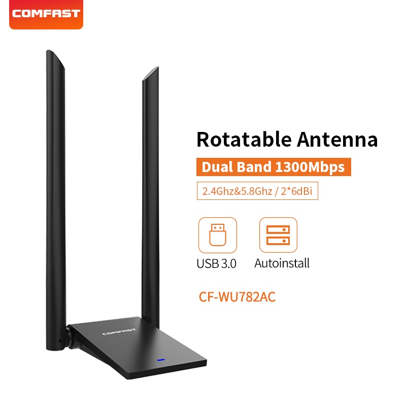 Comfast 1300Mbps 802.11ac Lange Afstand 5.8Ghz Usb Wifi Adapter Wifi Ontvanger 2 * 6dBi Antennes Dual Band CF-WU782AC