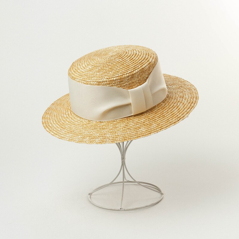 100% Wheat Straw Timeless Grosgrain Ribbon Decorated Canotier Boater Flat Top Sun Hat