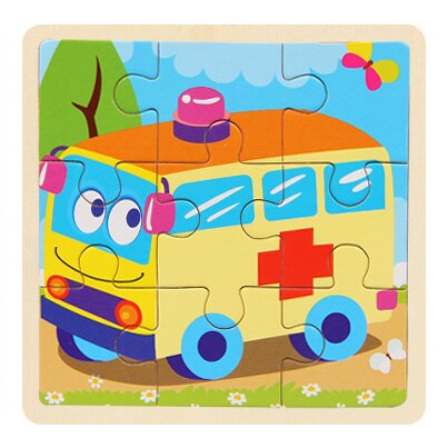 Mini Size 11*11cm Wooden 3D Cartoon Puzzle Jigsaw for Children Kids Cartoon Animal/traffic Puzzles Educational Toy Girl Boy: ambulance