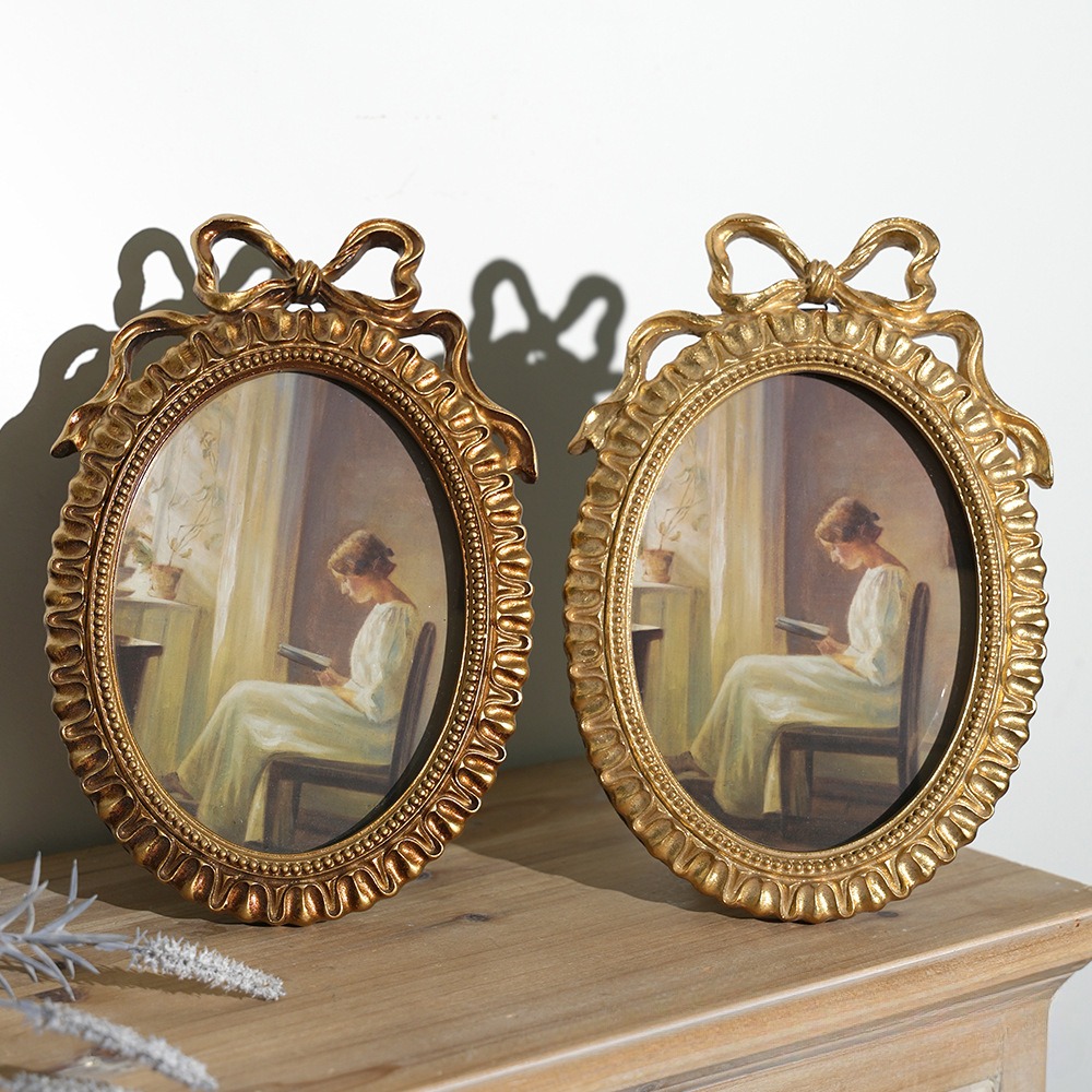 Marco de fotos ovalado vintage con marco de fotos con lazo para colgar en la pared o mesa, ideal para decoración del hogar y exhibiciones de boda