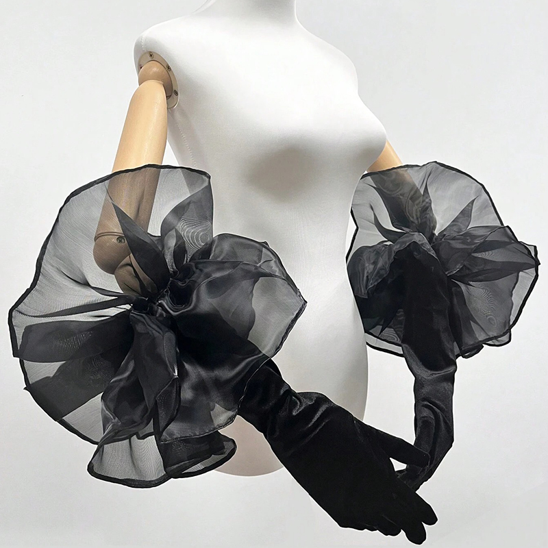 Mesh Ruffles Velvet Long Gloves Solid Color Hand Sleeve For Women Bridal Wedding Dress party Dress Etiquette Gloves