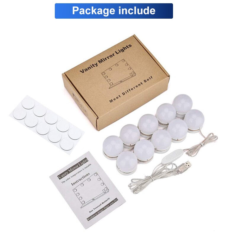 Juego de luces LED para espejo de tocador, de estilo Hollywood, 3 colores, 10 bombillas regulables, tira de accesorios de iluminación para maquillaje, tocador: Default Title