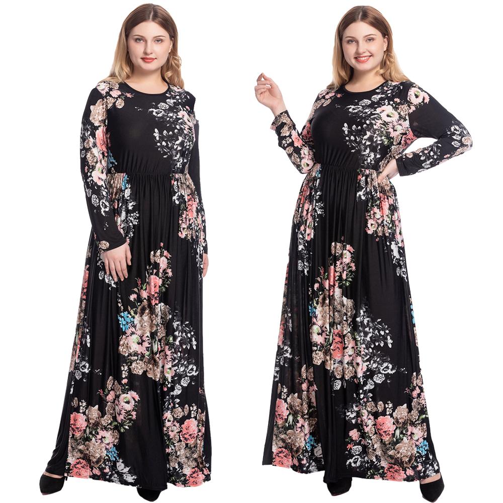 Plus size boho blomsterprint maxi lang kjole til kvinder festkjole draperet langærmet muslimsk casual malaysia oman kjoler