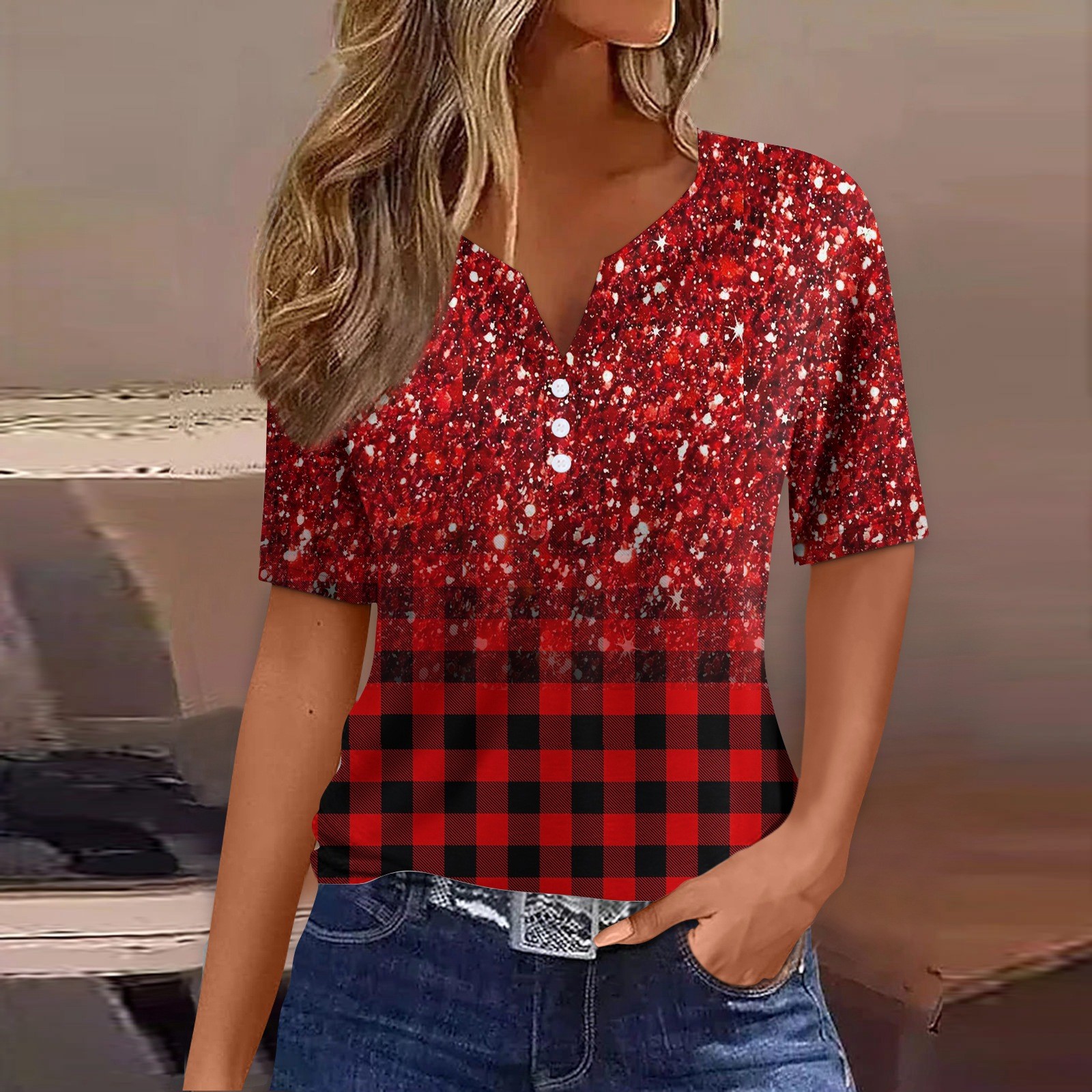 T-shirt à col en V pour femmes, haut décontracté, imprimé rayé, streetwear, t-shirts pour femmes, vêtements d'été,
