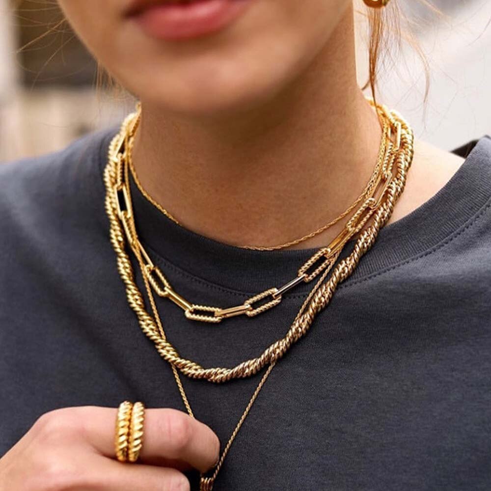 CeeRom 18in Coarse Twisted Chain Chokers Necklaces 24K Gold Plated Necklace Stainless Steel Necklace For Women Jewelry Collier