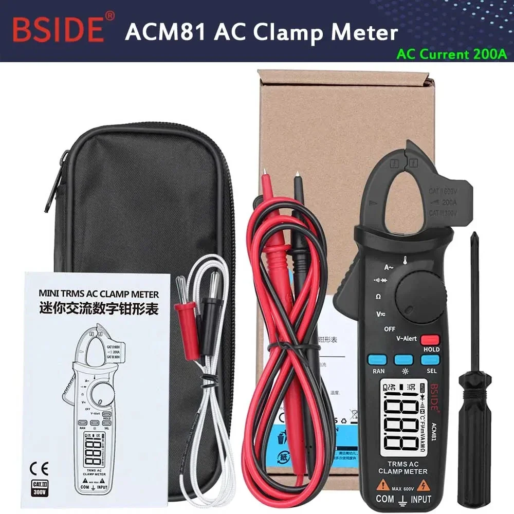 BSIDE Pinza amperometrica digitale Auto-Rang Vero RMS 1mA Precisione 200A Corrente DC AC Multimetro Vol Ohm Diodo Temperatura NCV Tester