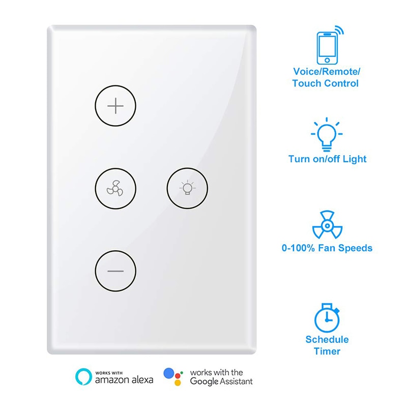 Smart WiFi Fan Light Switch, In-Wall Ceiling Fan Lamp Switch Works with Alexa, Google Home Assistant [VoiceRemoteTouch Control]
