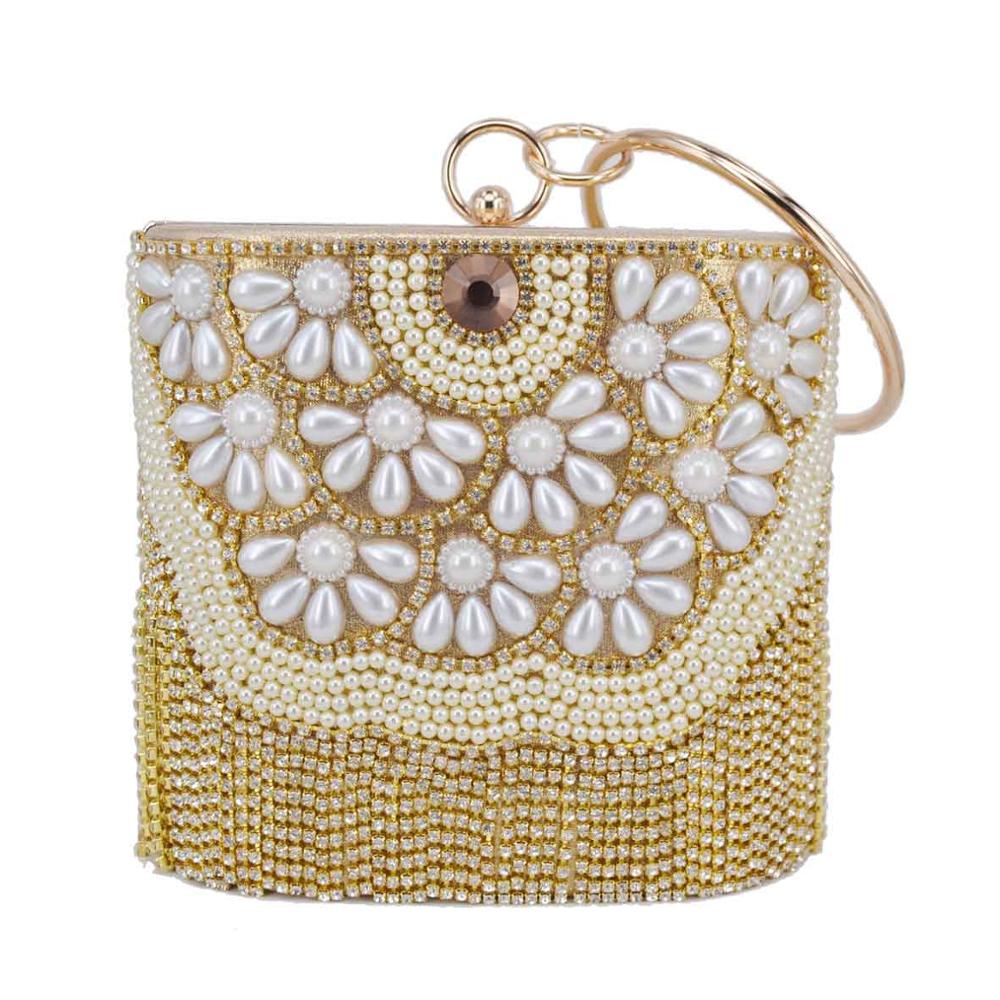 Sacs à main en cristal doré pour femmes, pochettes à glands, sacs de soirée à perles, sacs à poignet en fer, fourre-tout à bandoulière