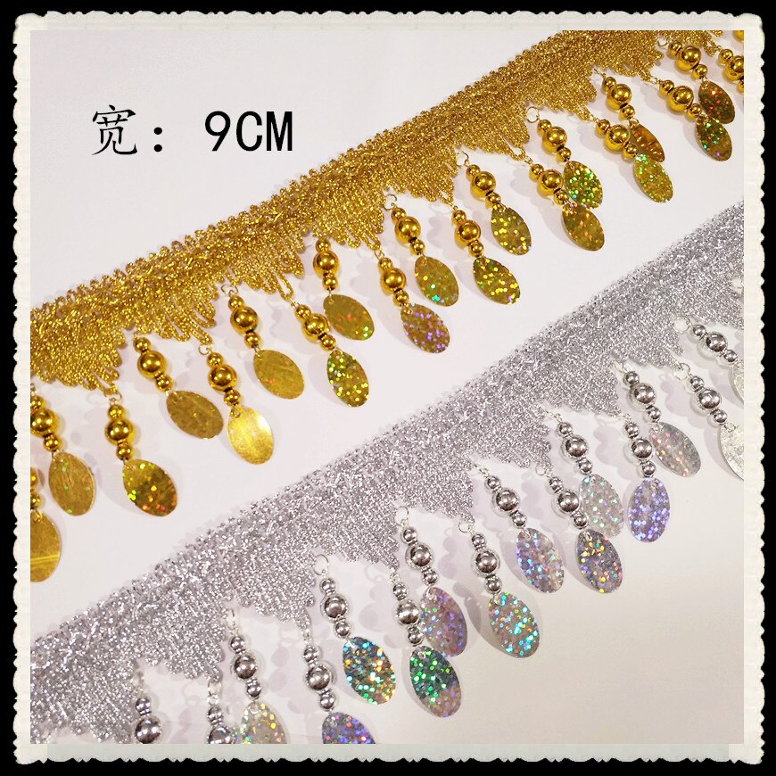 2 yard / lot guld silver vågiga ellips paljetter diy spets trim tofs frans gardin bröllop latin dans scen kostym tillbehör