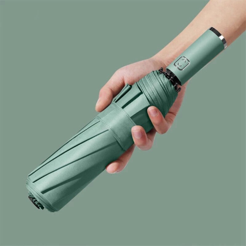 Color Handle Automatic Three-Fold Umbrella Windproof And Uv-Proof Automatic Umbrella Folding Solid Olive Green