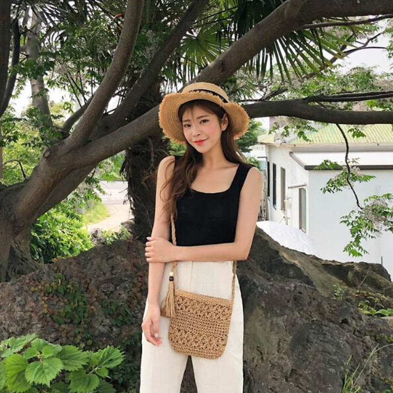 Femme été tissé creux paille croix corps sacs fermeture éclair crochet fleur sac de messager gland paille sac à bandoulière marron beige 2 couleur