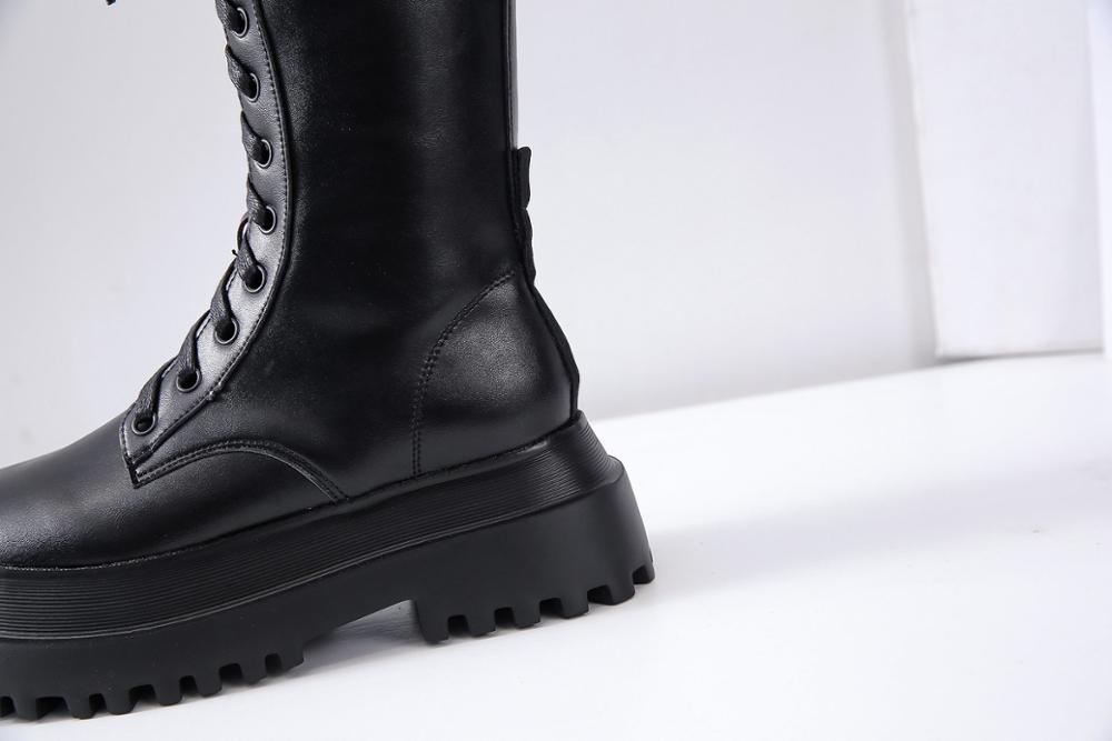 Bottes mi-mollet bottes femmes plate-forme noir PU croisé à lacets mi-mollet printemps automne bottes grande taille 35-40 V252