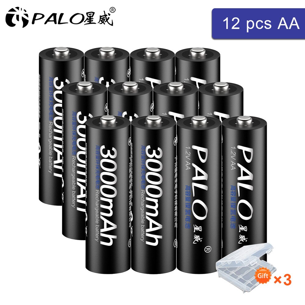 PALO 4/8/12/16pcs AA Battery Ni-MH 3000mAh 1.2V AA Rechargeable Batteries AA Bateria Baterias + 2pcs Battery Hold Case Boxes: 12pcs AA black