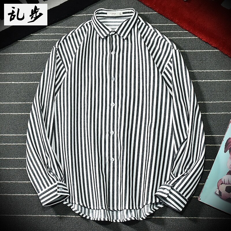 Zwart wit gestreepte overhemden verticaal patroon heren lange mouwen losse herenoverhemden herfst dun casual chemise herenkleding  eb50cs: Zwart / 4xl